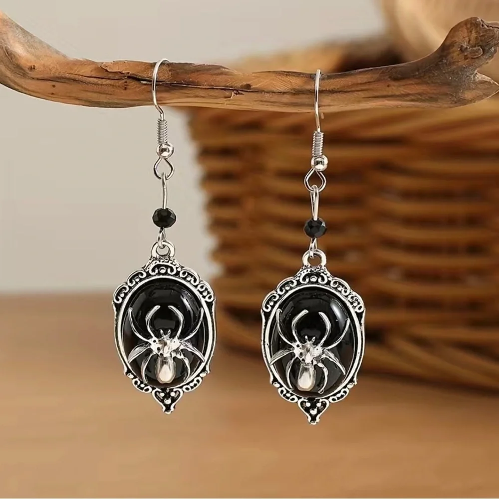 Gothic Retro Style Black Gemstone Spider Earrings Faux Fashion Jewelry‎